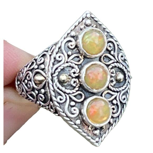 18k Gold and Sterling Silver Ring 925 Size 9.5 Bali Opal Scroll M ID signed - Picture 2 of 9